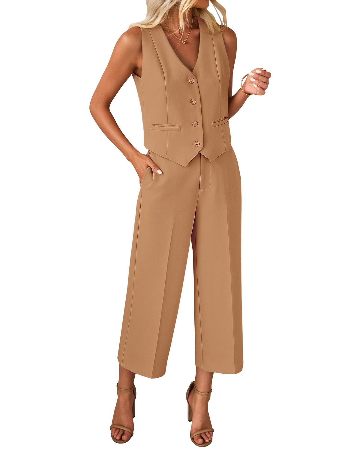 luvamia Vest Pant Suits for Women Dressy Wide Leg 2 Piece Sets Work Outfits
