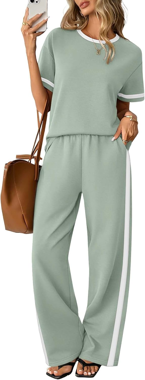 Sampeel 2 Piece Sets for Women Matching Sets Summer Outfits Resort Wear Short Sleeve Lounge Set Wide Leg Pants with Pockets