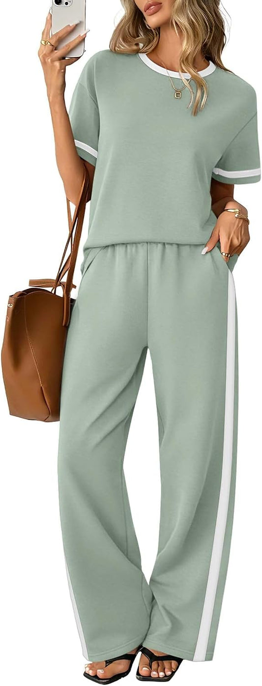 Sampeel 2 Piece Sets for Women Matching Sets Summer Outfits Resort Wear Short Sleeve Lounge Set Wide Leg Pants with Pockets