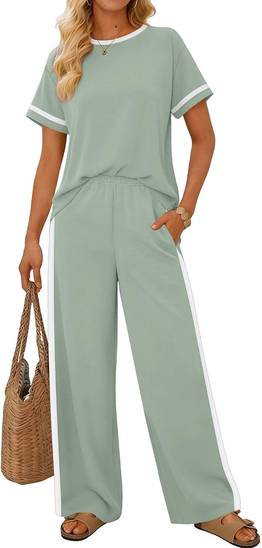 Sampeel 2 Piece Sets for Women Matching Sets Summer Outfits Resort Wear Short Sleeve Lounge Set Wide Leg Pants with Pockets