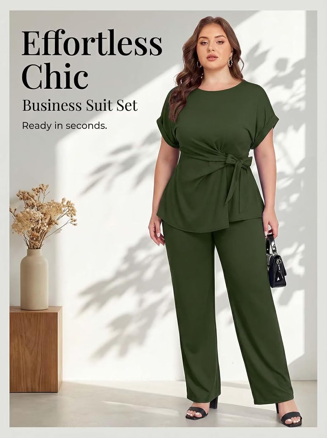Women's 2 Piece Outfit,Short Sleeve Peplum Top,Wide Leg Pant Sets,Business