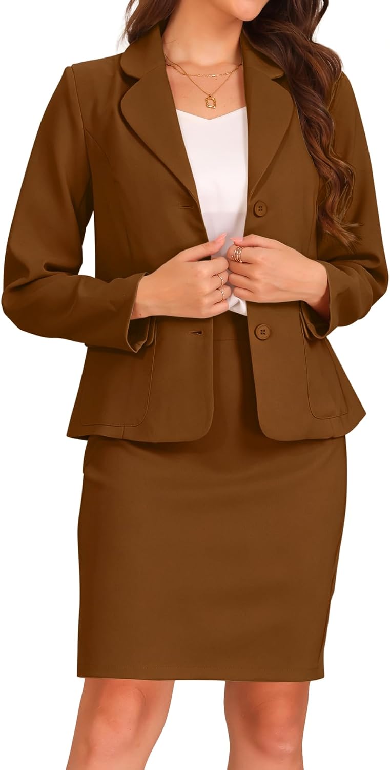 Allegra K Women 2 Piece Skirt Set Suit Business Blazer and Pencil Skirt