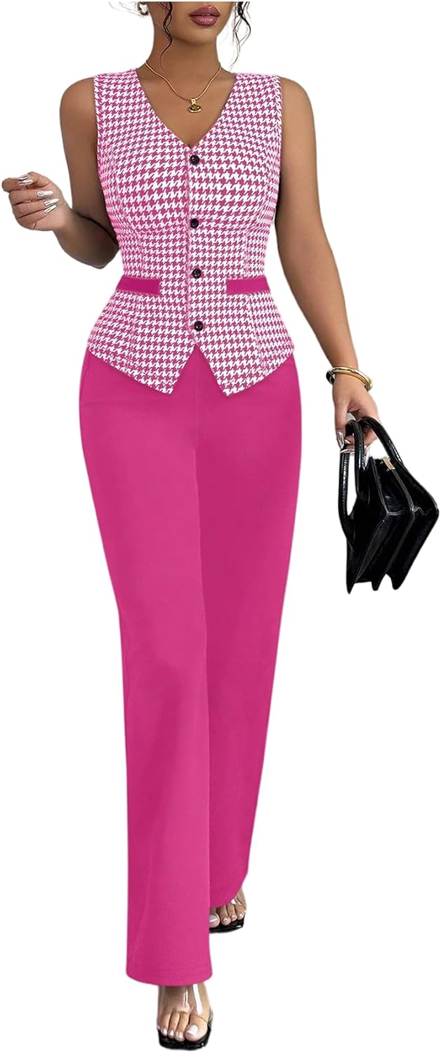 SOLY HUX Women's 2 Piece Plaid Houndstooth Sleeveless Vest Pants Set