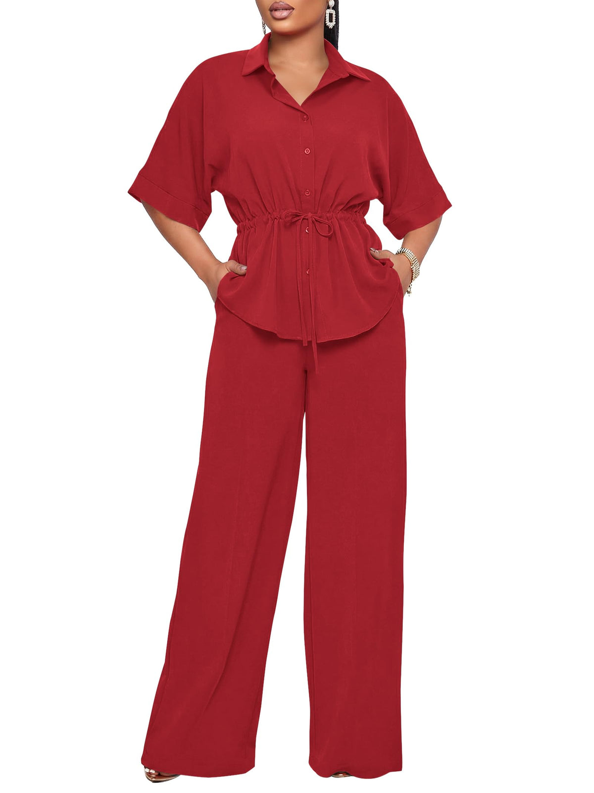 Two Piece Sets for Women Dressy Shirt Top Flared Pants Business Pantsuits