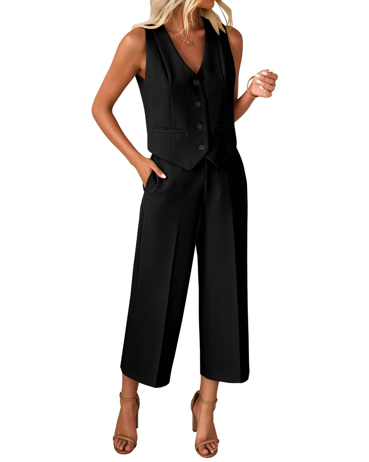 luvamia Vest Pant Suits for Women Dressy Wide Leg 2 Piece Sets Work Outfits