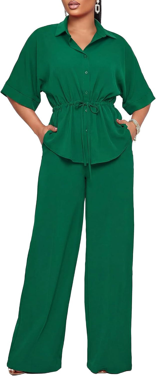 Two Piece Sets for Women Dressy Shirt Top Flared Pants Business Pantsuits