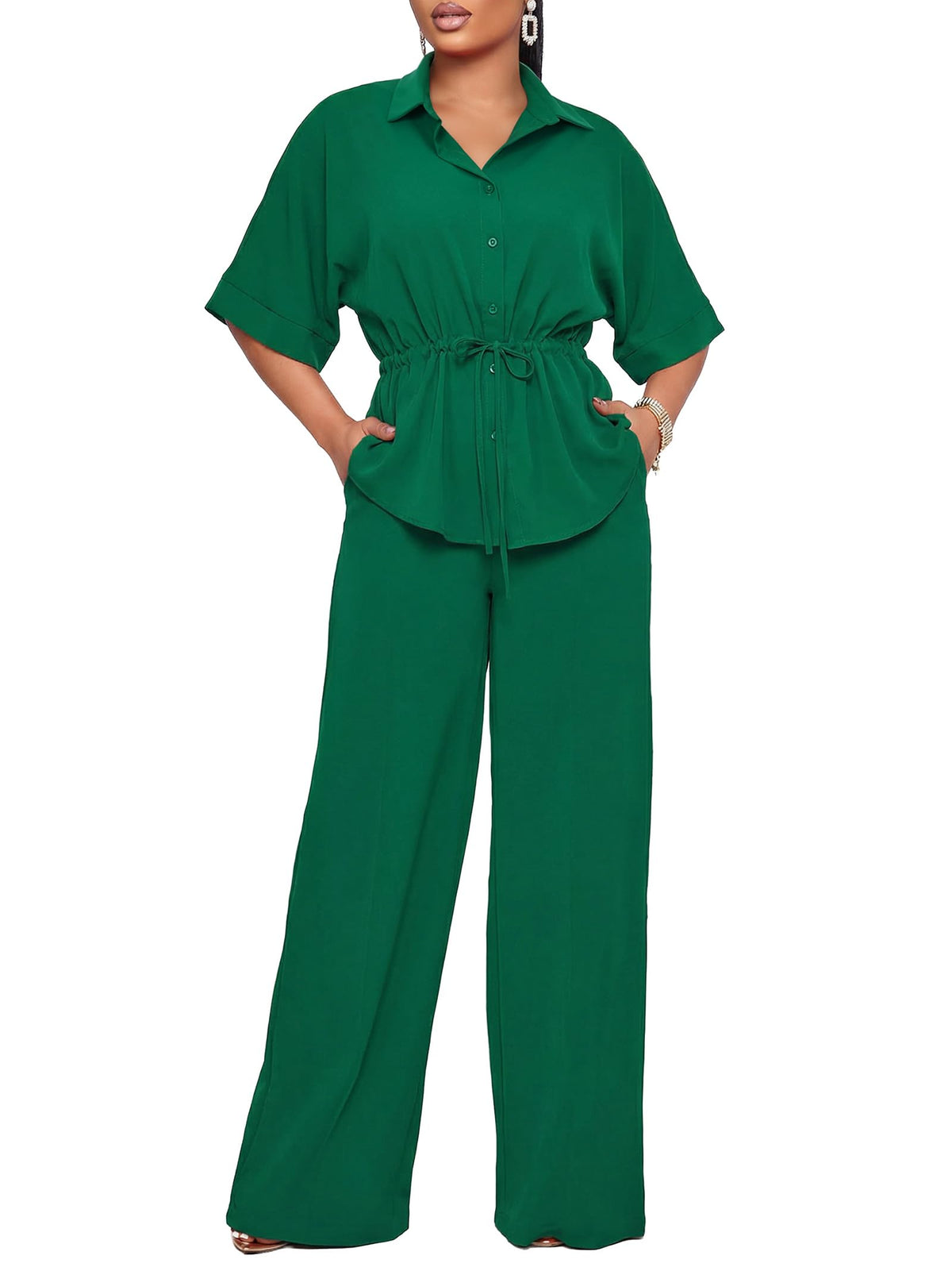 Two Piece Sets for Women Dressy Shirt Top Flared Pants Business Pantsuits