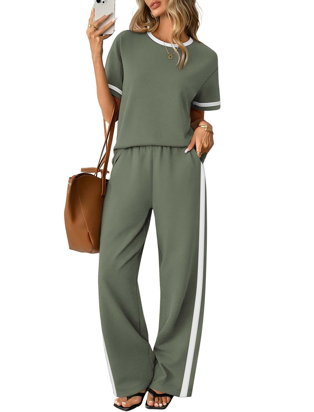 Sampeel 2 Piece Sets for Women Matching Sets Summer Outfits Resort Wear Short Sleeve Lounge Set Wide Leg Pants with Pockets