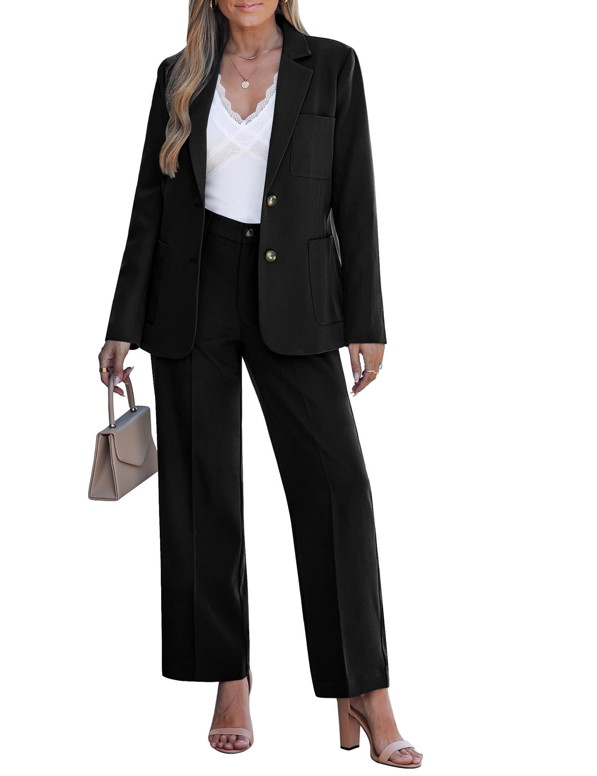 luvamia Pants Suits for Women Dressy 2 Piece Set Business Casual Outfit Professional Long Sleeve Office Work Blazer Sets