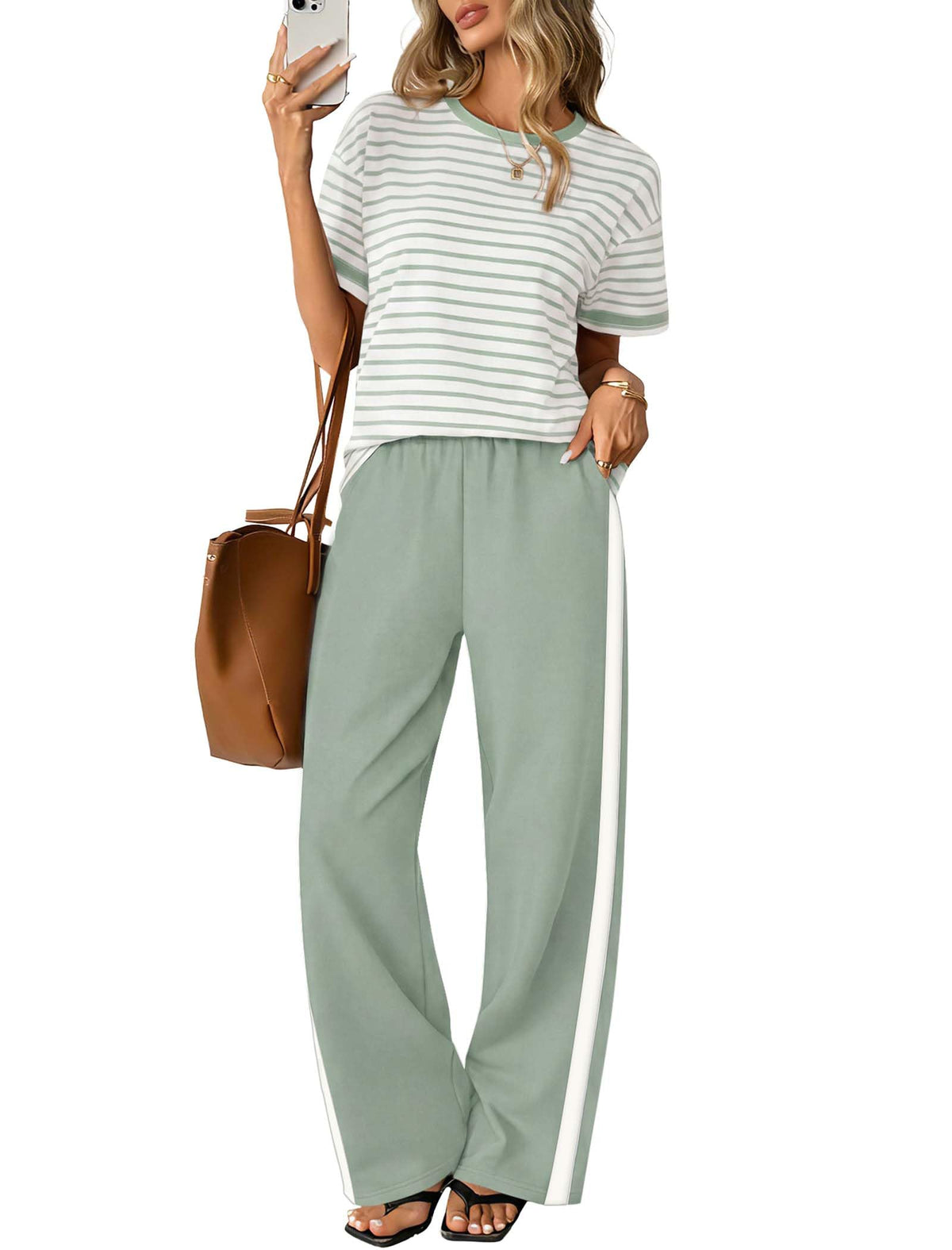 Sampeel 2 Piece Sets for Women Matching Sets Summer Outfits Resort Wear Short Sleeve Lounge Set Wide Leg Pants with Pockets