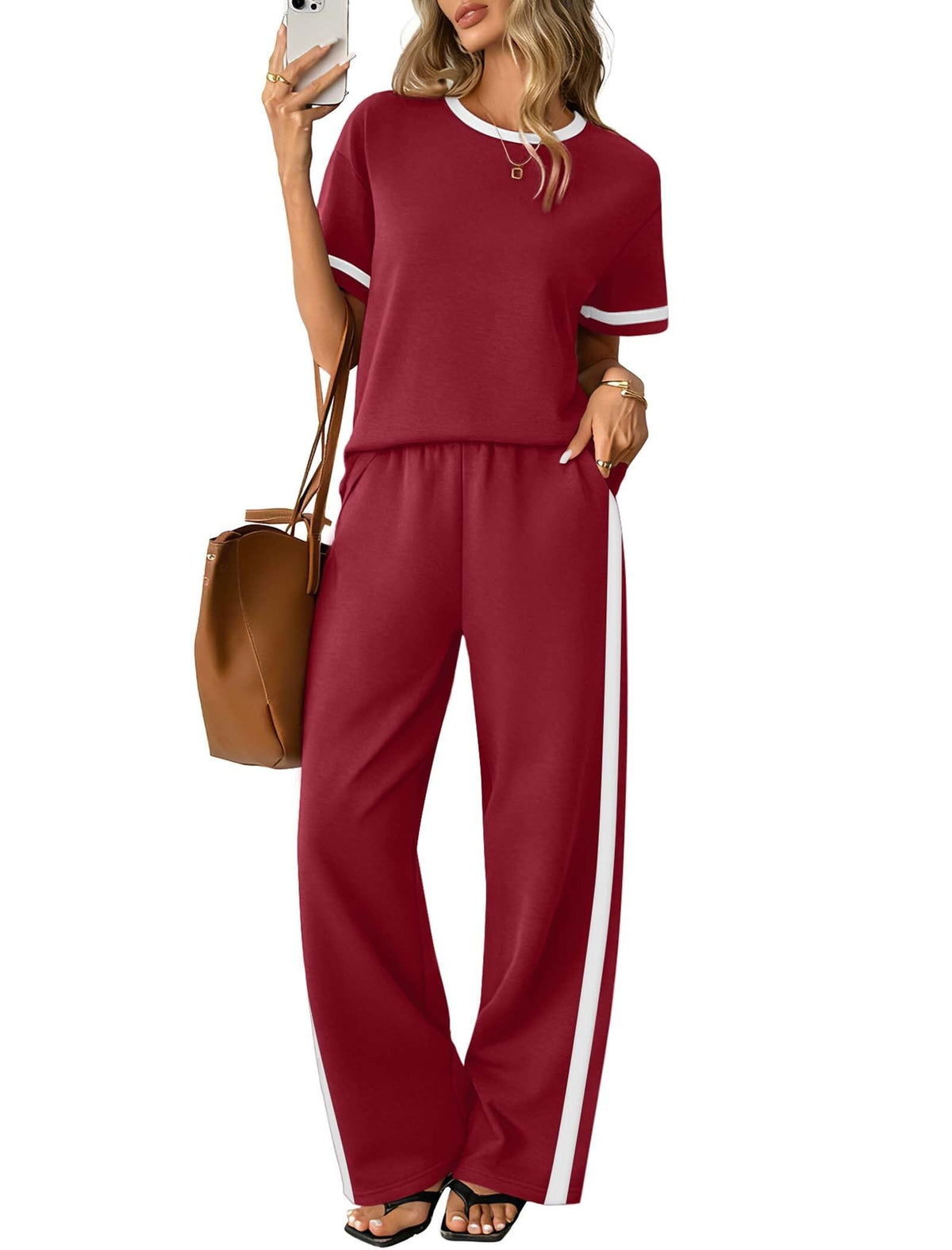 Sampeel 2 Piece Sets for Women Matching Sets Summer Outfits Resort Wear Short Sleeve Lounge Set Wide Leg Pants with Pockets