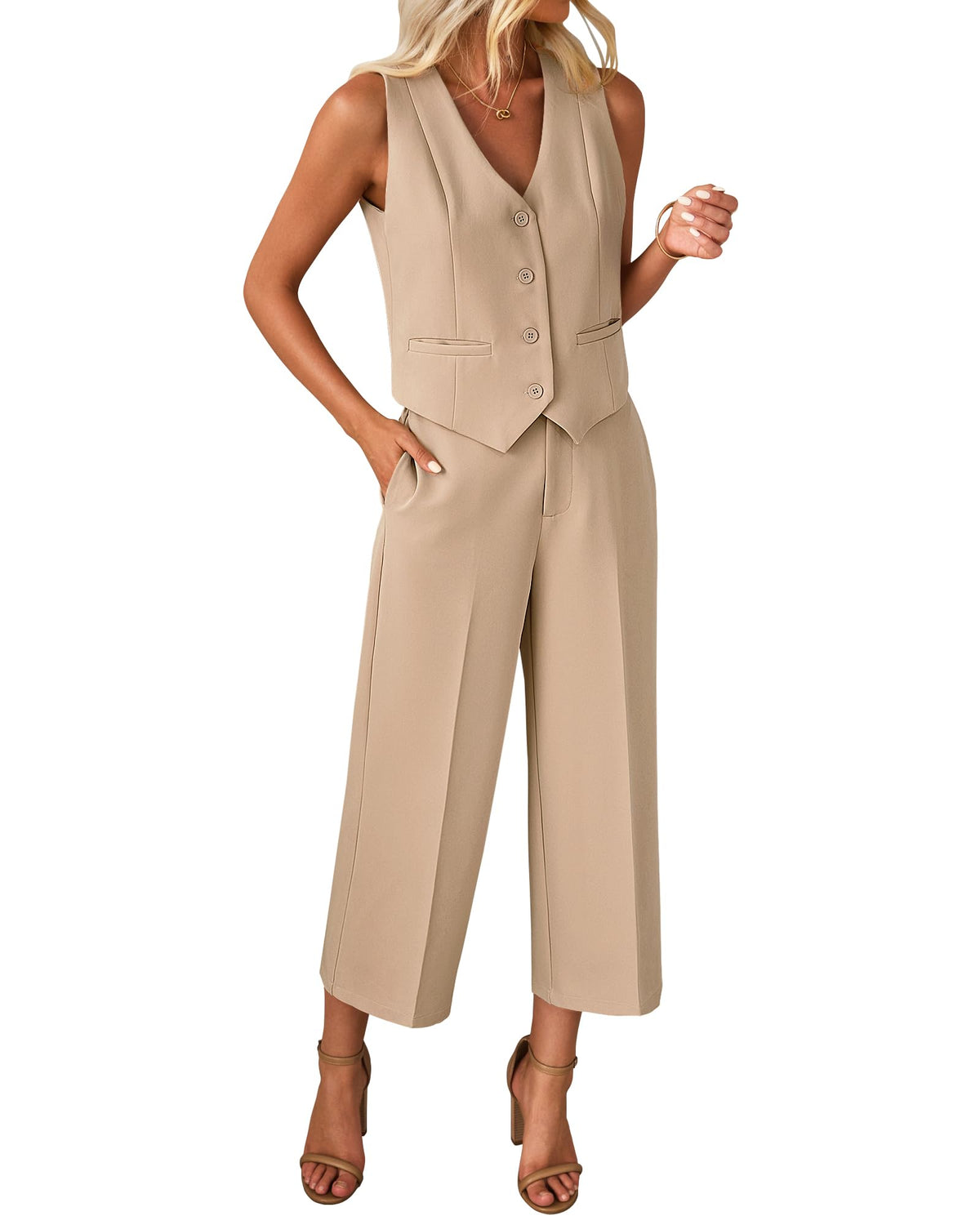 luvamia Vest Pant Suits for Women Dressy Wide Leg 2 Piece Sets Work Outfits