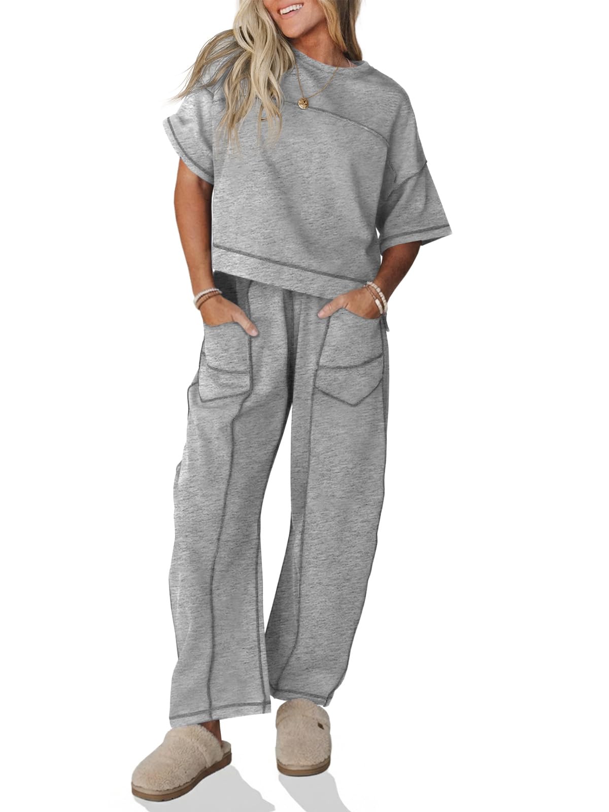 Fisoew Womens 2 Piece Outfits Lounge Sets Short Sleeve Tops and Wide Leg Pants Travel Vacation Casual Matching Sets