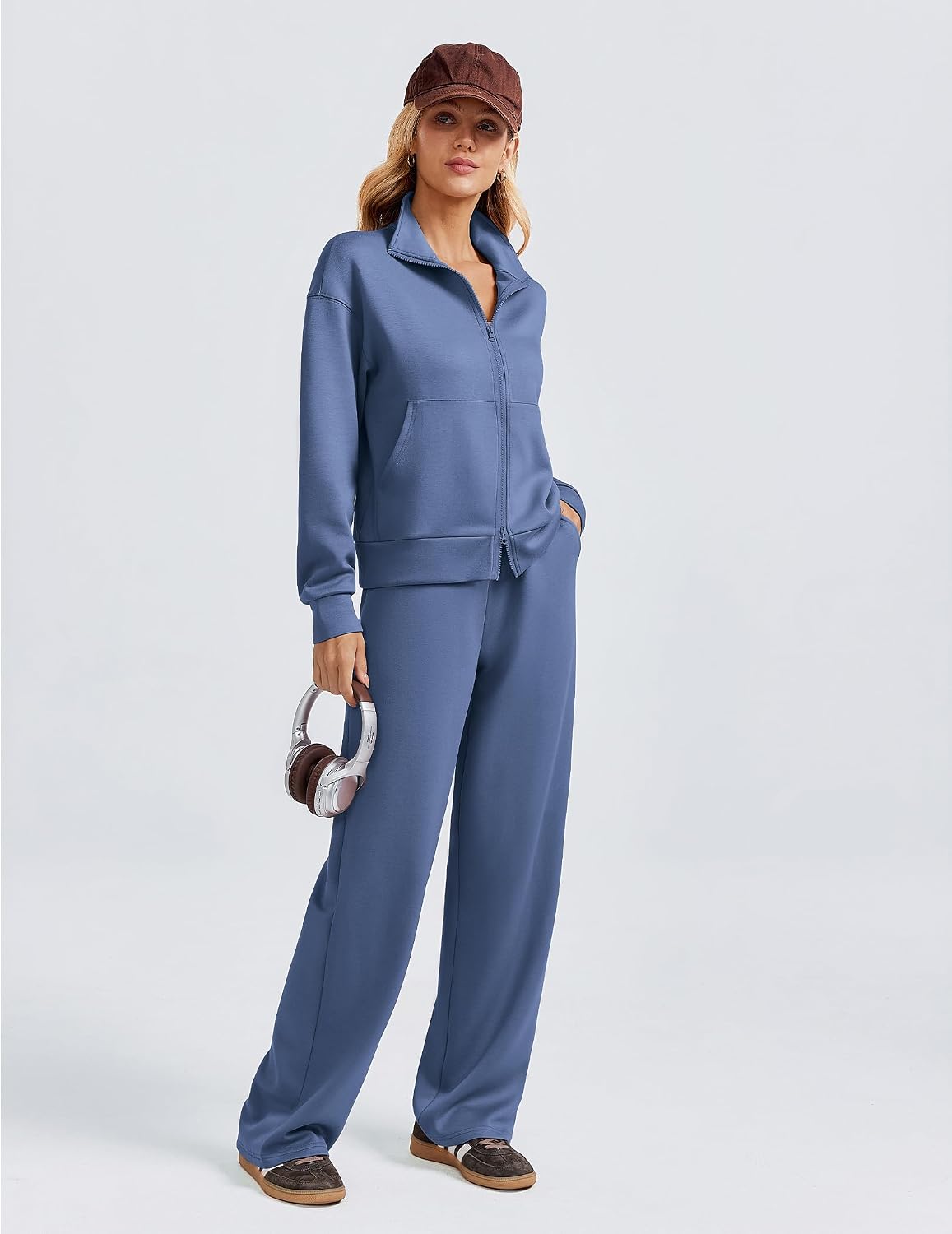 PINSPARK 2 Piece Sets for Women Two-Way Zip Top Wide Leg Pants Tracksuit