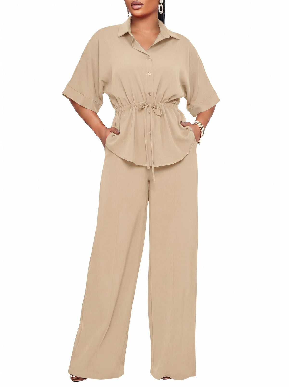 Two Piece Sets for Women Dressy Shirt Top Flared Pants Business Pantsuits