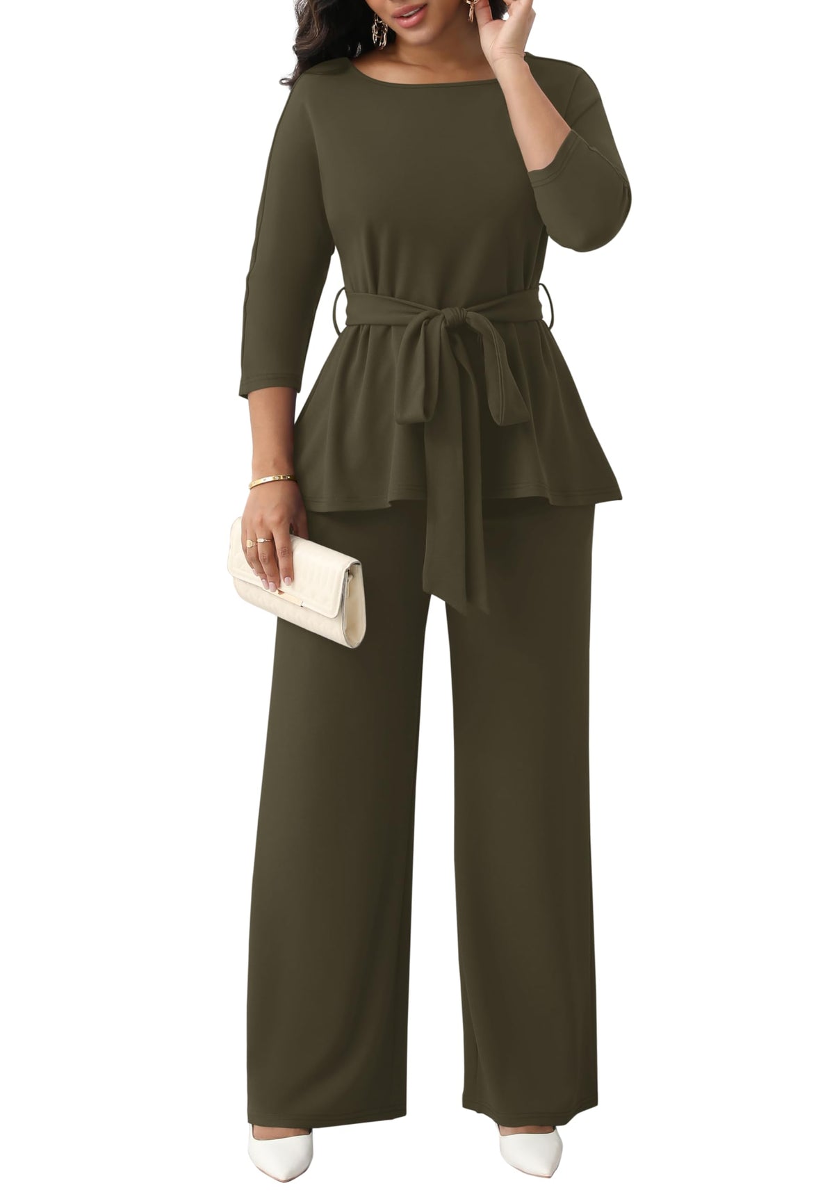 CLOCOR Women 2 Piece Outfits Suit Business Pants Set Peplum Top Flared