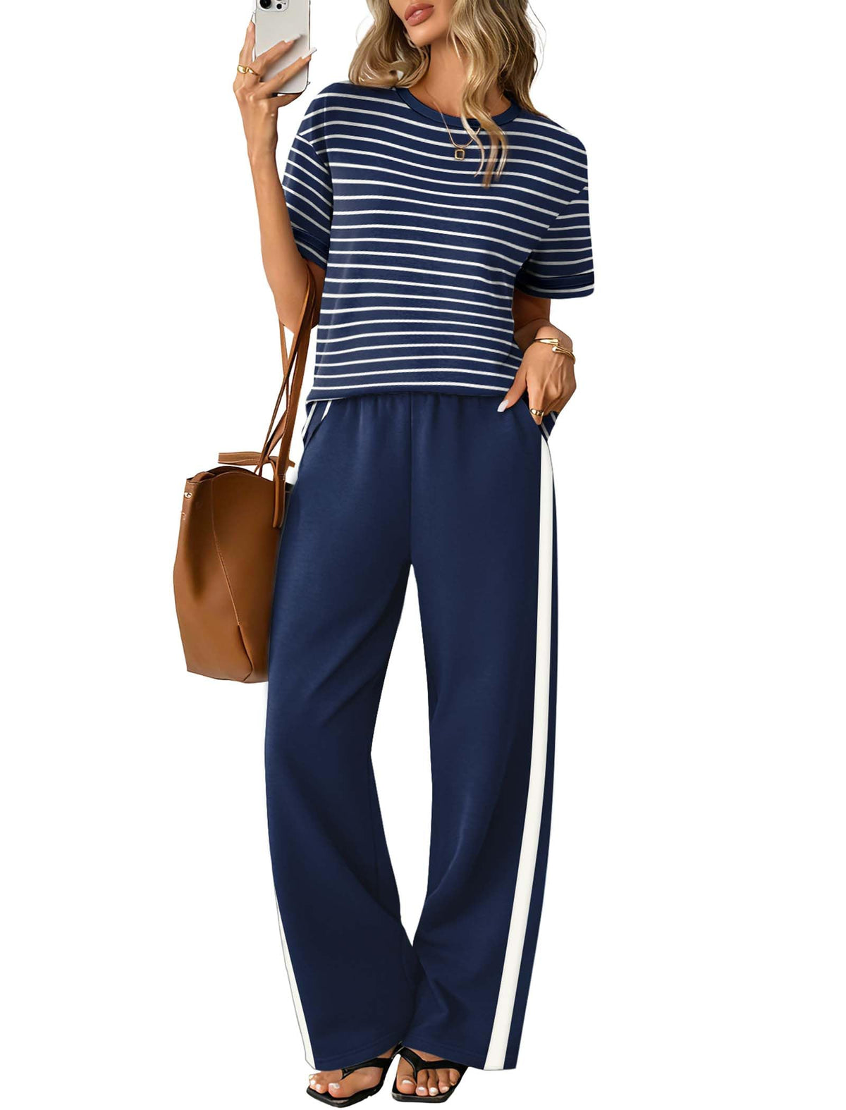 Sampeel 2 Piece Sets for Women Matching Sets Summer Outfits Resort Wear Short Sleeve Lounge Set Wide Leg Pants with Pockets