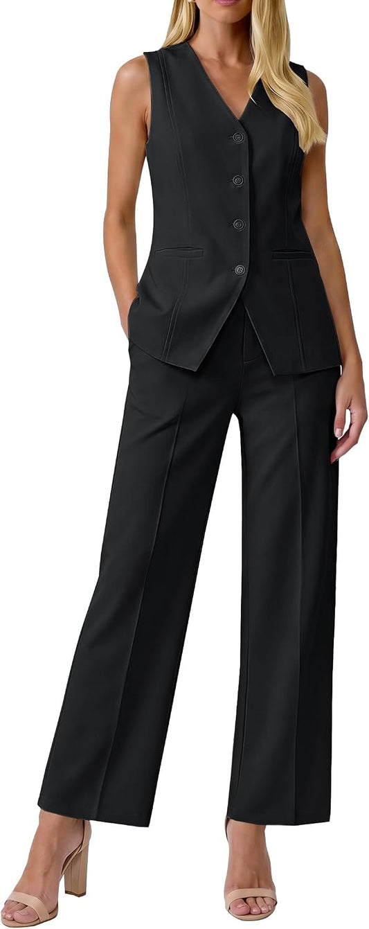 luvamia Vest Pants Suits for Women Dressy 2 Piece Sets Sleeveless Blazer Straight Leg Dress Pants Business Casual Outfit