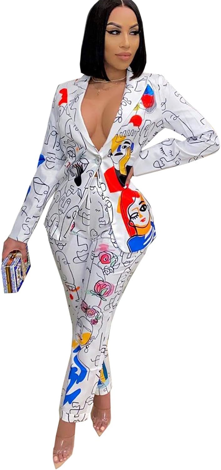 Recious Womens Sexy 2 Pieces Denim Printed Zipper Jackets Bodycon Pants Party Clubwear Tracksuit Outfits Set