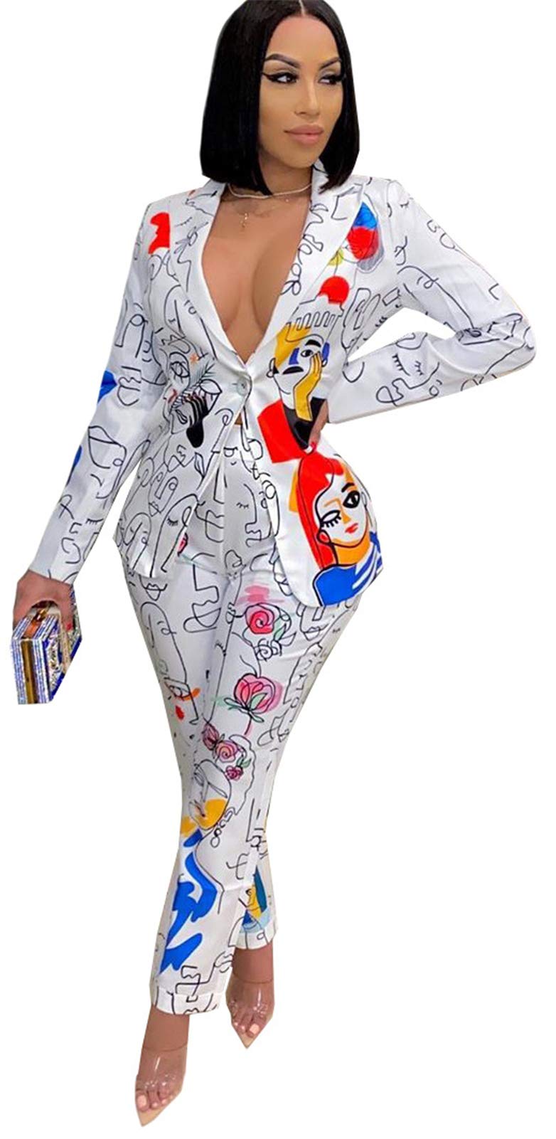 Recious Womens Sexy 2 Pieces Denim Printed Zipper Jackets Bodycon Pants Party Clubwear Tracksuit Outfits Set