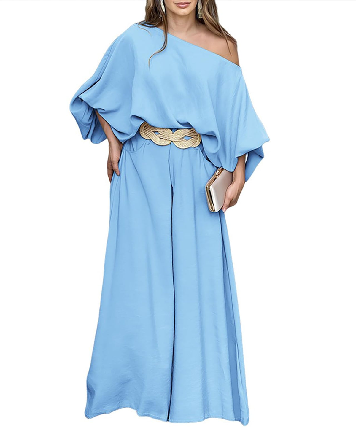 CHICME Women 2 Piece Summer Outfit Off Shoulder Flowy Wide Leg Pants Set