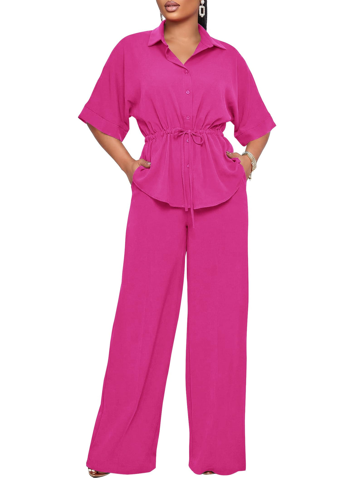 Two Piece Sets for Women Dressy Shirt Top Flared Pants Business Pantsuits