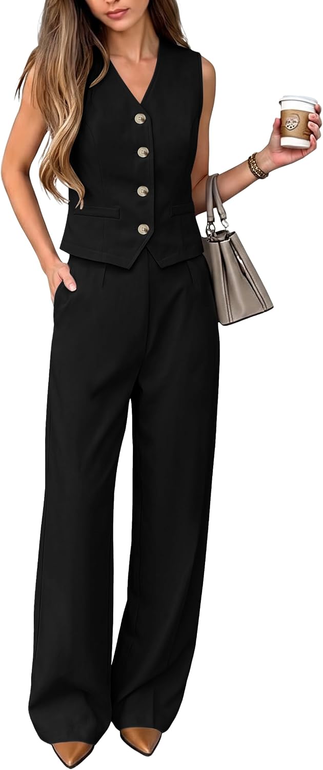 Women 2 Piece Sleeveless Button Vest Suit Wide Leg Trousers Set