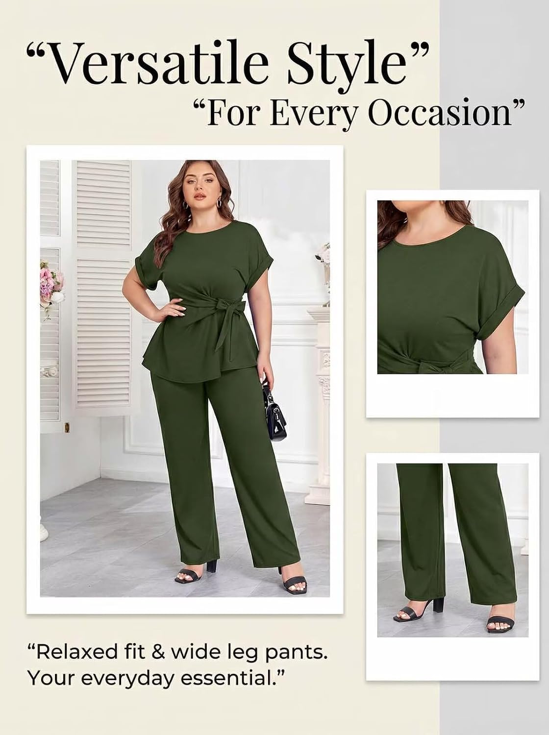 Women's 2 Piece Outfit,Short Sleeve Peplum Top,Wide Leg Pant Sets,Business