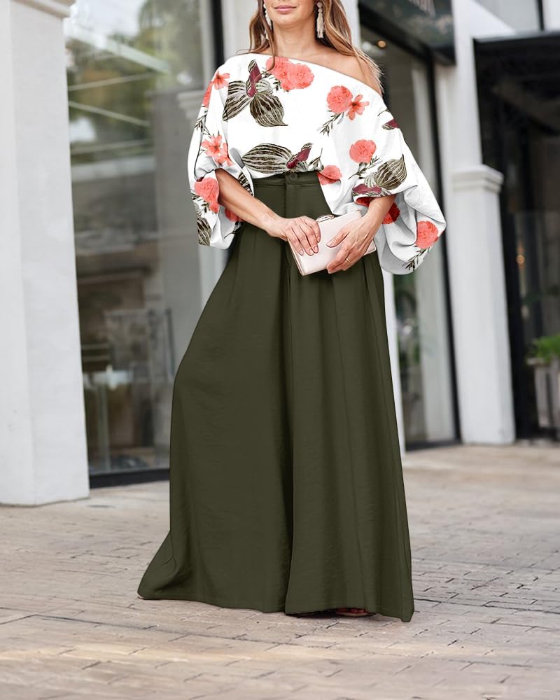 CHICME Women 2 Piece Summer Outfit Off Shoulder Flowy Wide Leg Pants Set