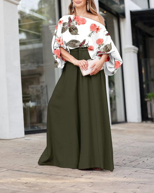 CHICME Women 2 Piece Summer Outfit Off Shoulder Flowy Wide Leg Pants Set