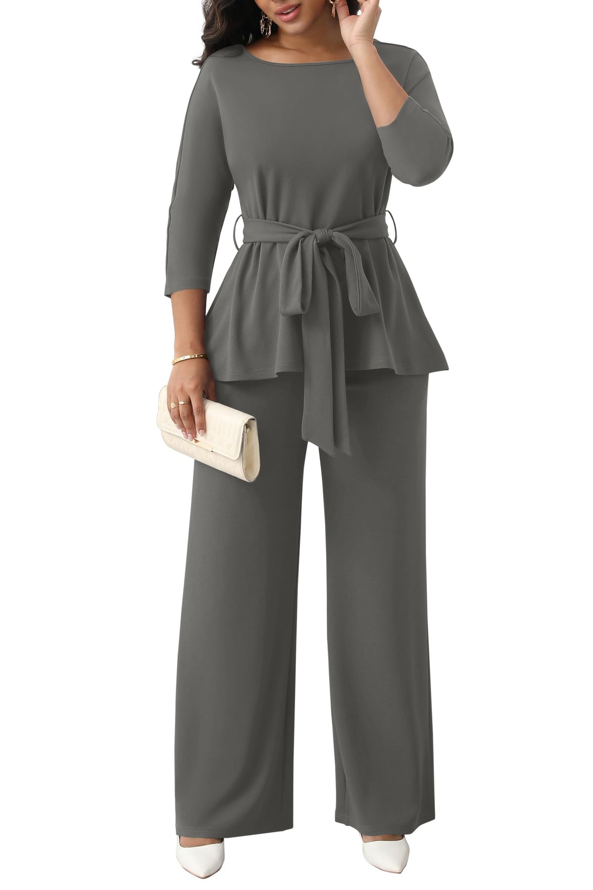 CLOCOR Women 2 Piece Outfits Suit Business Pants Set Peplum Top Flared