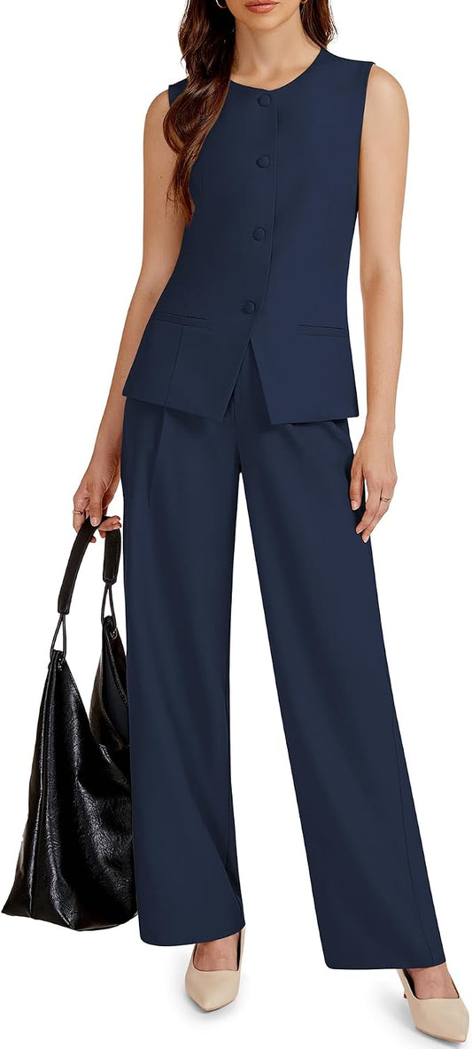 Casly Lamiit Women's 2 Piece Outfit Sleeveless Vest Set Blazer Pant Suit