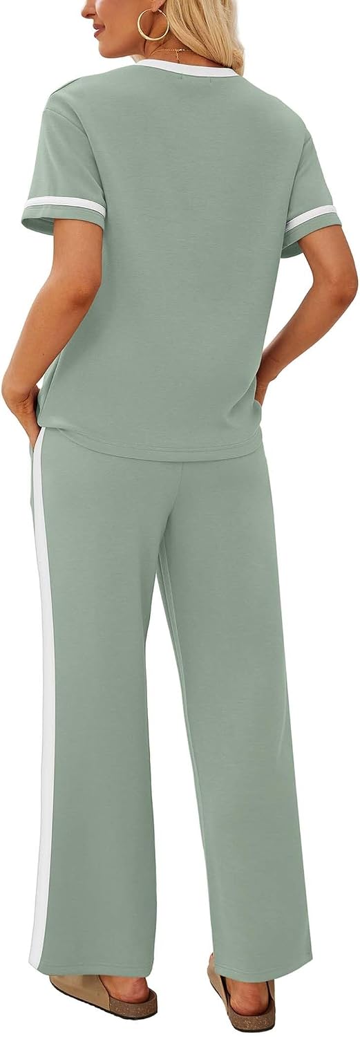Sampeel 2 Piece Sets for Women Matching Sets Summer Outfits Resort Wear Short Sleeve Lounge Set Wide Leg Pants with Pockets