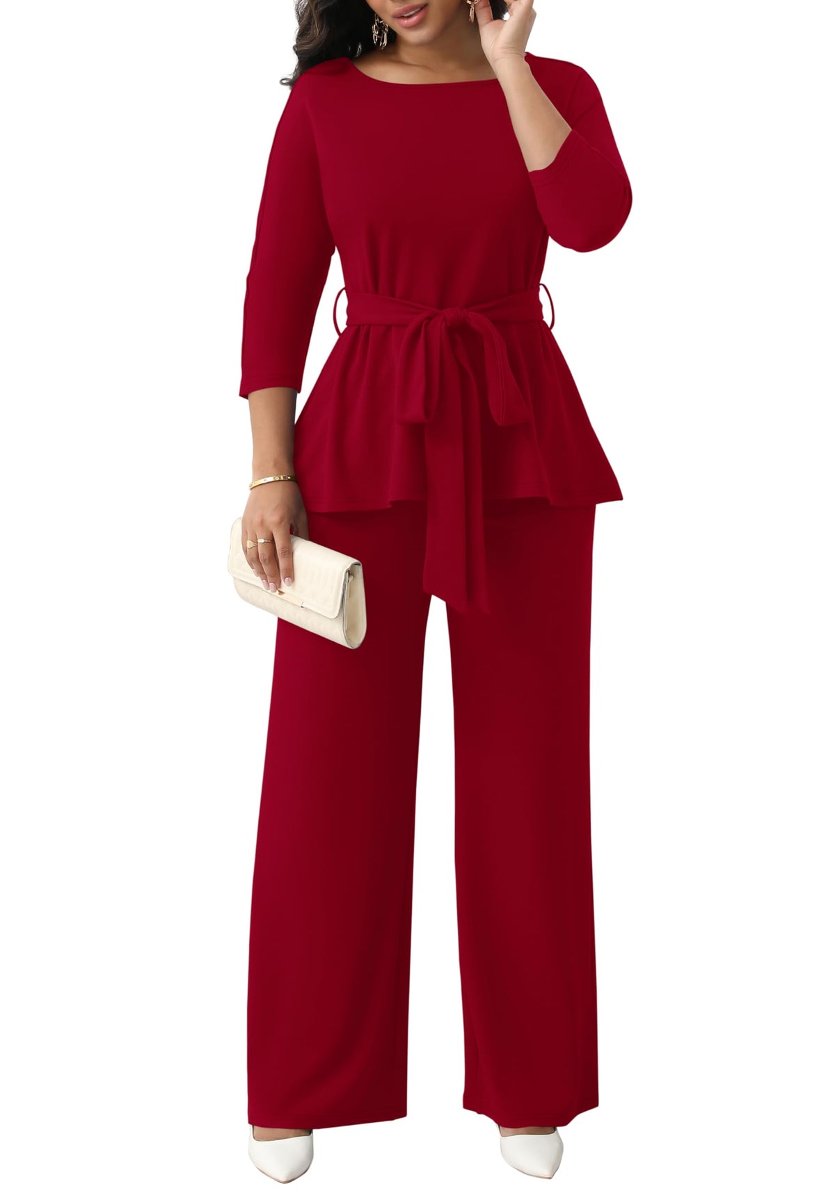 CLOCOR Women 2 Piece Outfits Suit Business Pants Set Peplum Top Flared