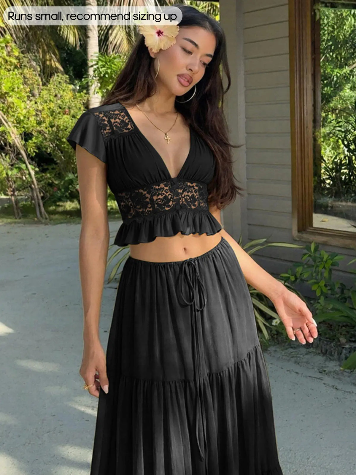 Women Summer Short Sleeve V Neck Tops Long Skirt Beach Vacation Chiffon Two Piece Set Outfit Clothes Summer Beach Suit