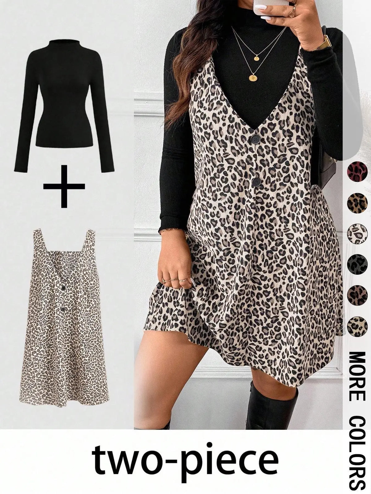 Women's High Neck Long Sleeve Inner Layer + Leopard Print Strap Skirt Matching Set, Casual Daily Day Spring Autumn Commuter, Two-Piece Ensemble Outfit Clothes, Animal Print Set