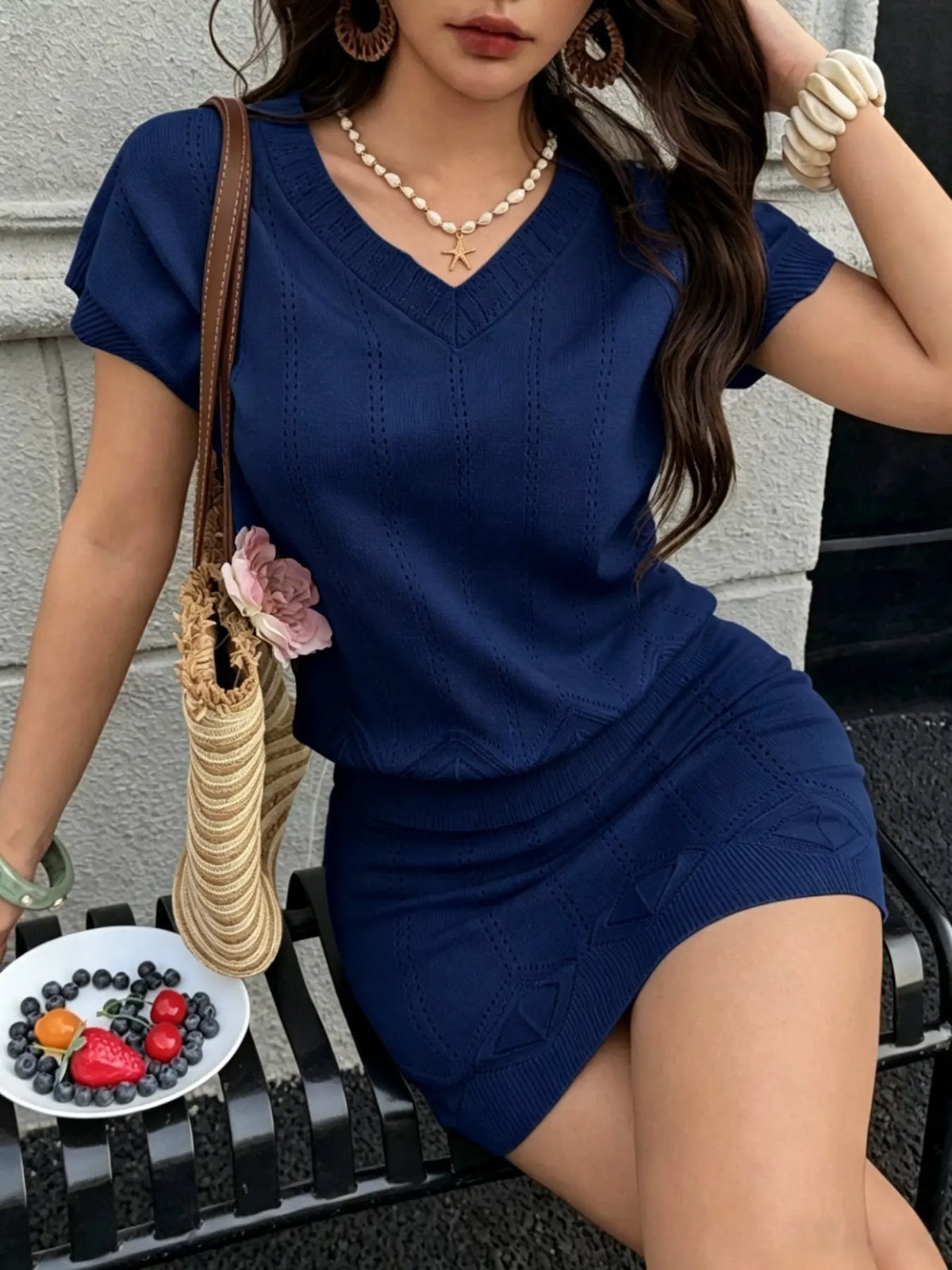 Two-Piece Women's Summer Clothes Set, V-Neck Hollow Out Cutout Top, Short A-Line Skirt, Slim Fit, Casual Elegant Chic Style, Knitwear for Vacation, Shortie Set