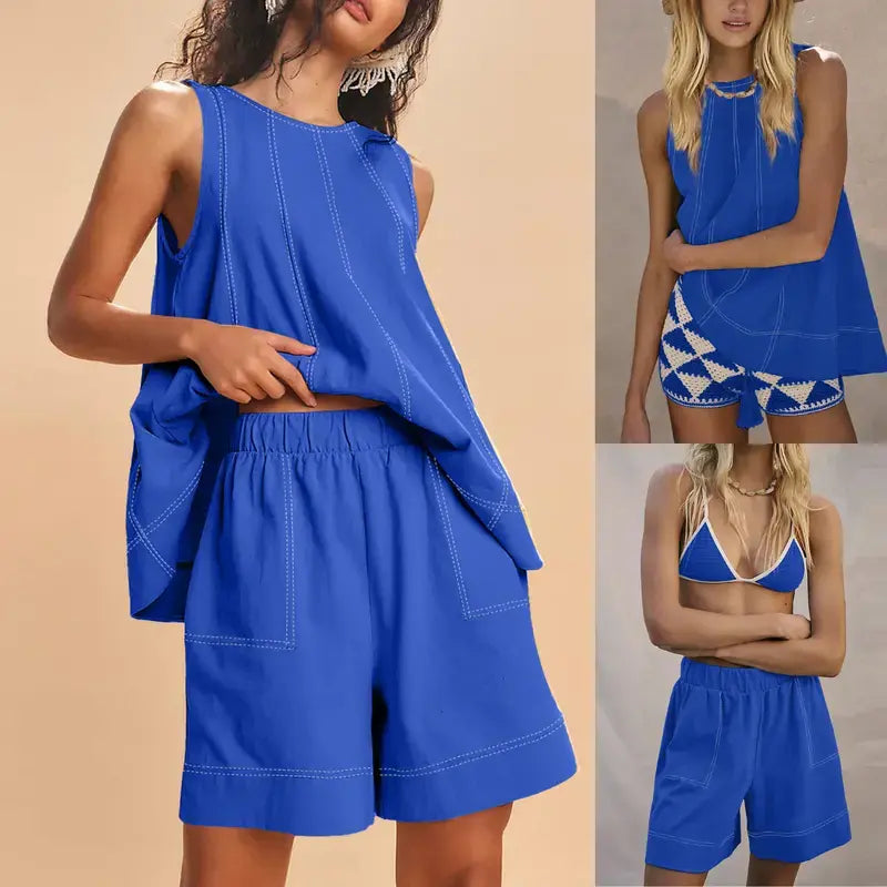 UANEO Womens 2 Piece Outfits Sleeveless Matching Sets A Line Tank Tops Contrast Stitching High Waist Shorts with Pockets Summer