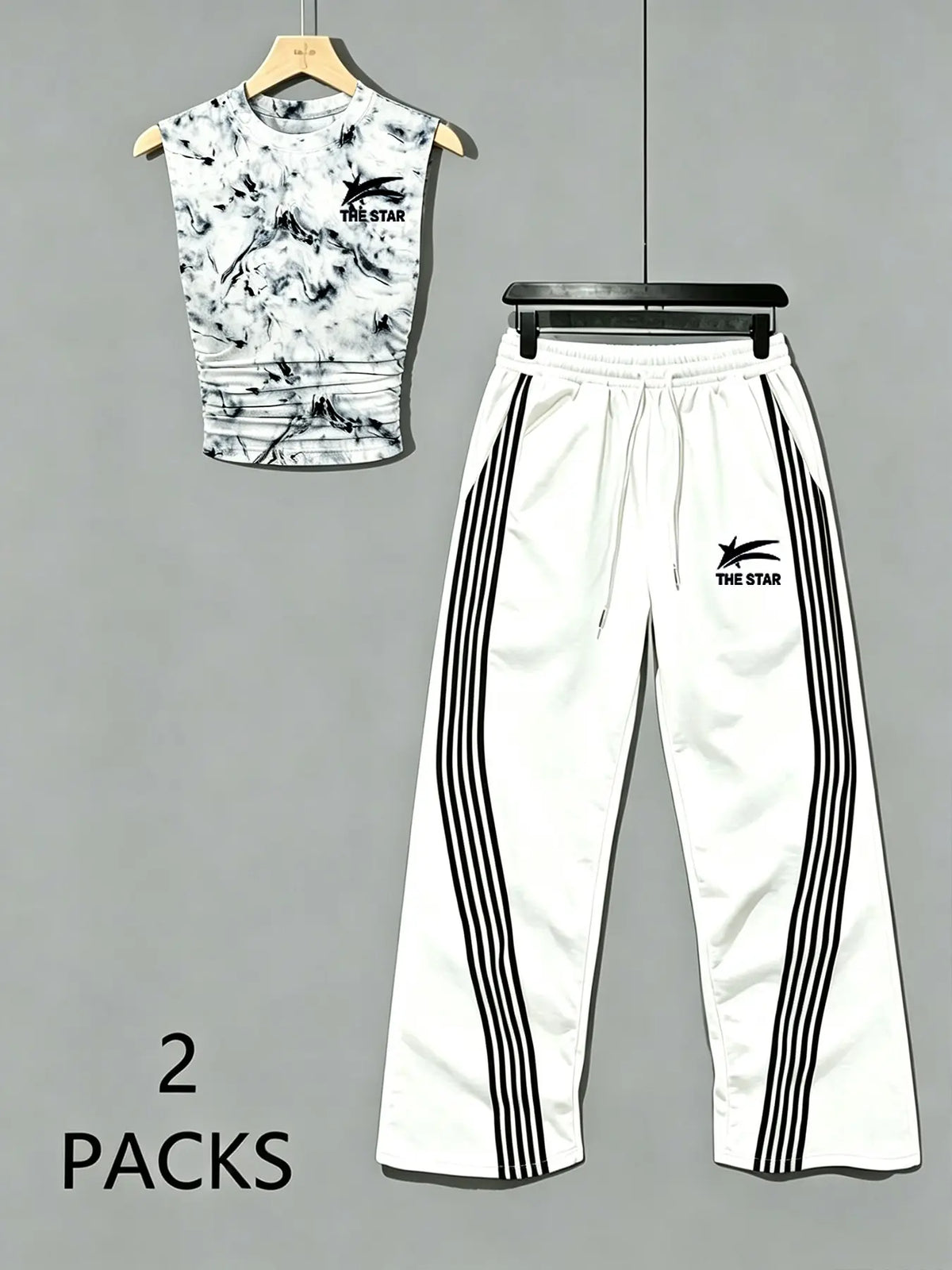 Women's Sweet Savage Style Ruched Sleeveless Top + Striped Sweatpants Set, Mid Waist Loose Fit, All Seasons Fashion Clothes