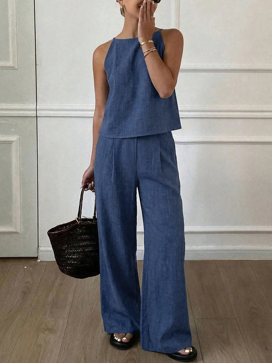 Women's Summer Striped Thin Strap Sleeveless Vest Top & Loose Long Pants Two-Piece Set, matching Outfit, Lightweight Casual Everyday Home Wear, Comfortable and Stylish