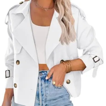 Fessceruna Women Crop Double Breasted Trench Coat Raglan Sleeve Work Office Cropped Jacket With Pockets