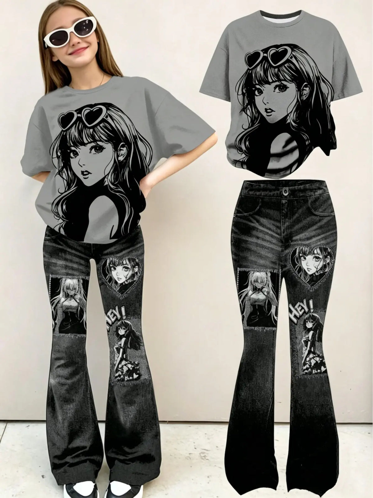 Kawaii Anime Girl Print T-Shirt + Patchwork Flare Pants Set, Y2K Goth Streetwear, Aesthetic Style for Girls, Casual Slim-Fitting Outfit, Casual Fitted Set