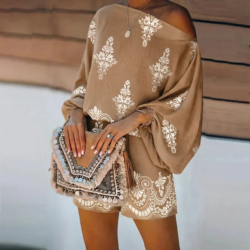 CHICME Women's 2 Pieces Outfit Boho Lantern Sleeve Linen Top and Shorts Set Beach Vacation Summer Outfits Bohemian Womenswear