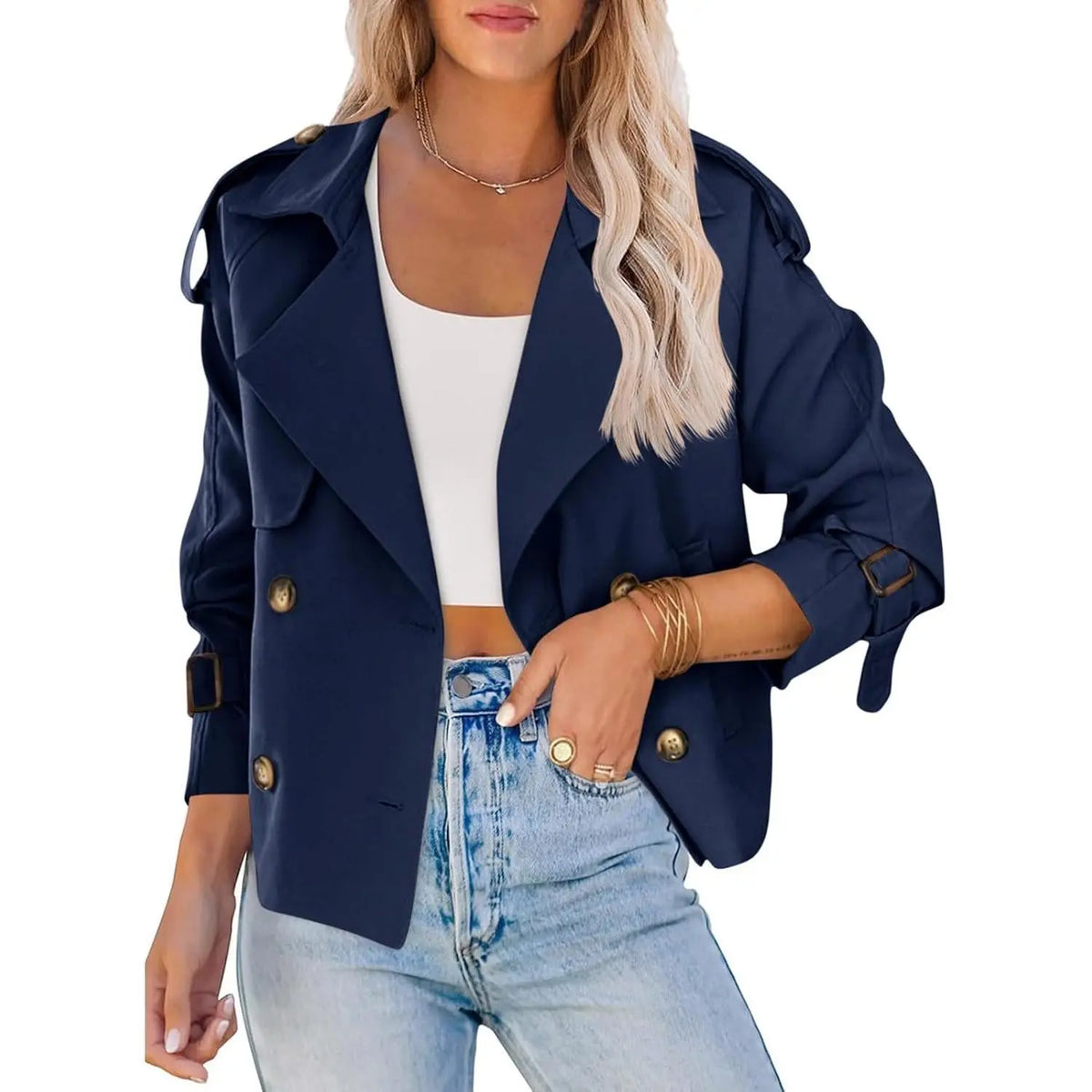 Fessceruna Women Crop Double Breasted Trench Coat Raglan Sleeve Work Office Cropped Jacket With Pockets