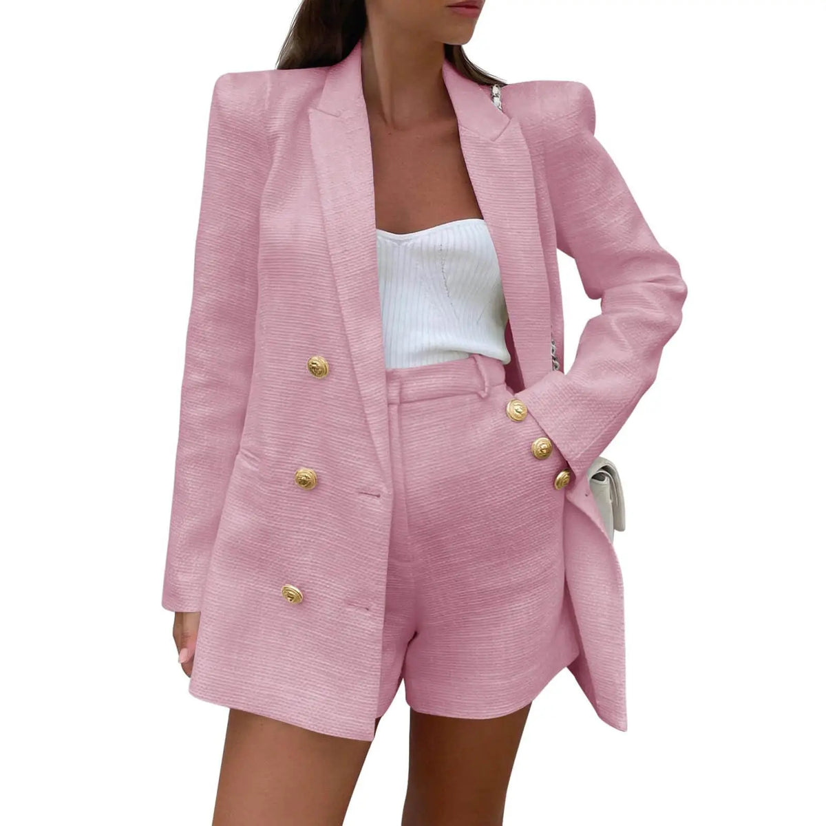 Imily Bela Womens 2 Piece Tweed Blazer Shorts Sets Long Sleeve Double Breasted Suit Jackets Business Outfit Fabric Formal