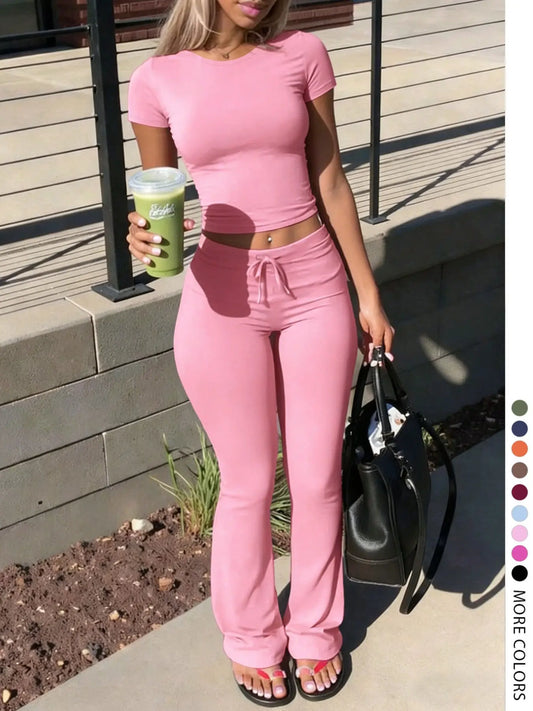 Women's LovelyWholesale Fashion Casual Two-Piece Set, Solid Color Round-Neck Short-Sleeve T-Shirt Top and Drawstring Pants, Spring and Summer Clothing