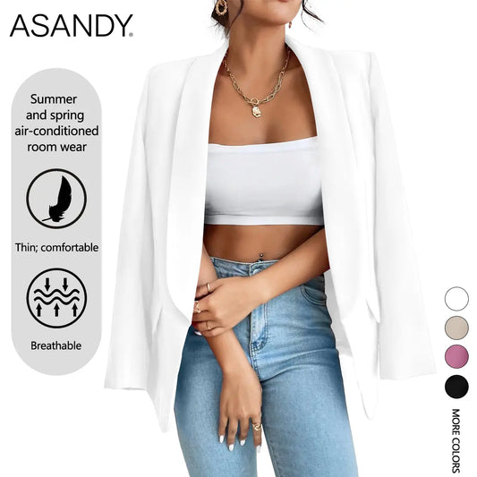 ASANDY Women's Oversized Elegant Breathable Polyester Blazer - Lightweight Thin Long-Sleeve Suit Jacket for Office Work Clothes, Corporate Office Wear, Everyday Casual Use - Basic Womenswear Top Piece