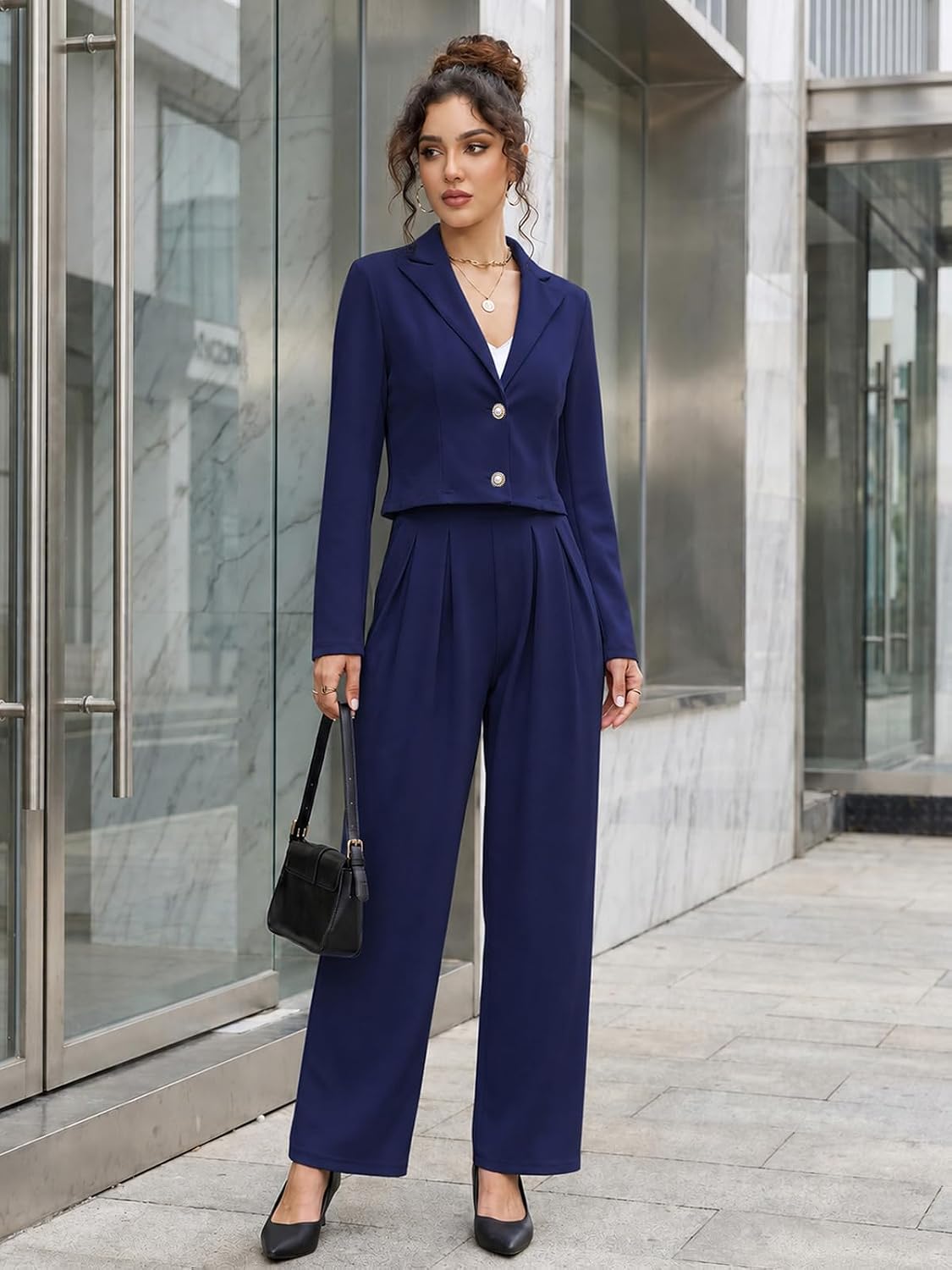 Pant Suits for Women Dressy 2 Piece Cropped Blazer Pant Set