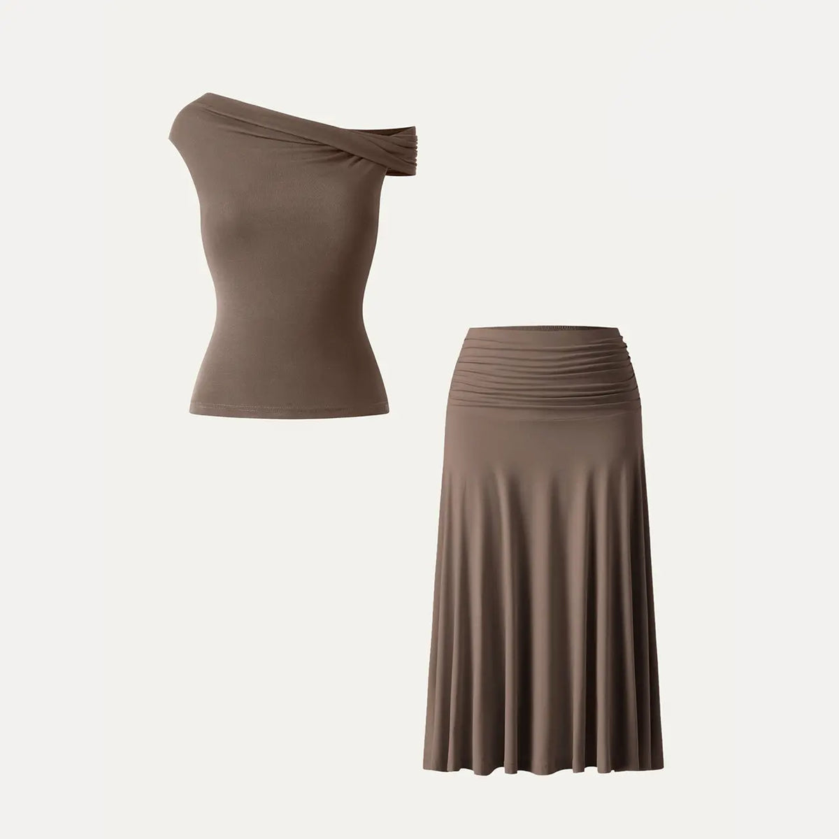 OGL Women's 2-Piece Matching Skirt Set - Multi-Wear Versatile Neckline bra tops with Built-In Bra, Flowy Side Ruched A-Line Midi Skirt, SkinKiss Fabric for Summer, Cute 2-Piece Sets for Women's Clothes tiktokshopstockup