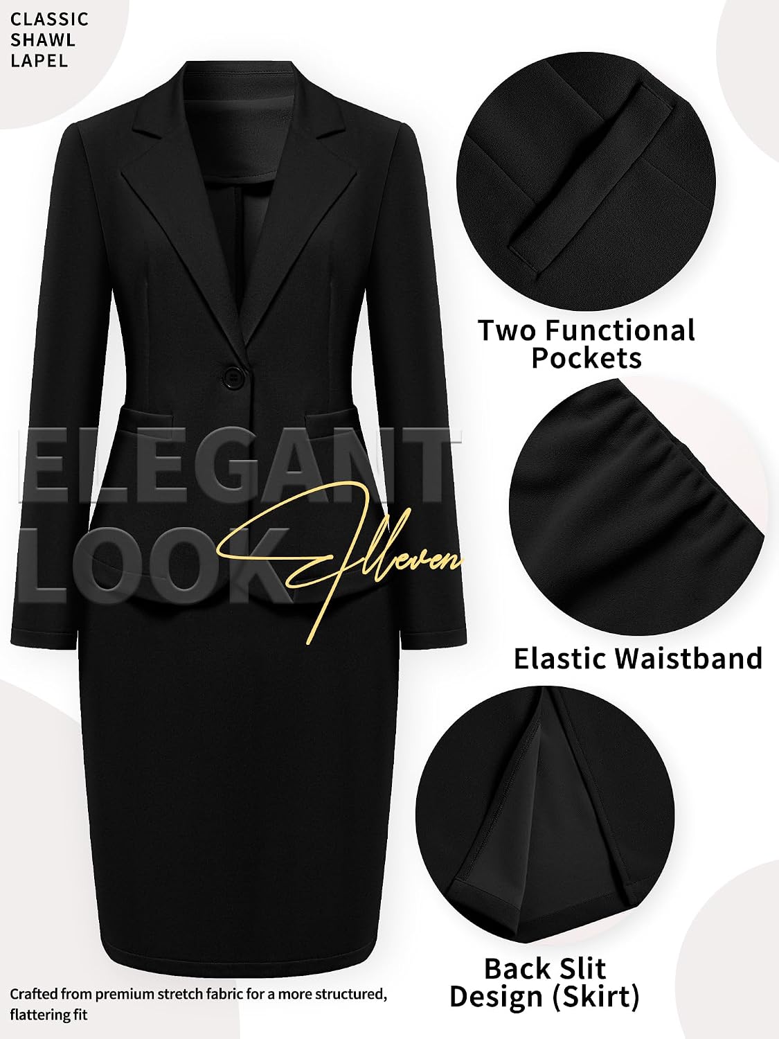 ELLEVEN Women's 2 Piece Suit Skirt Set Business Casual, Long Sleeve Knit Blazer & Pencil Skirt